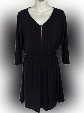 Maurices Black V-Neck Belted Long Sleeve Dress with Front Zip